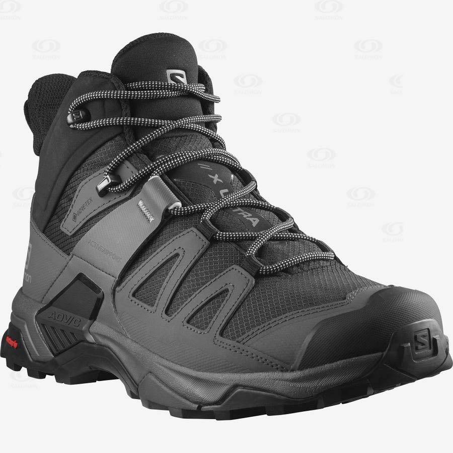 Black / Blue Men's Salomon X ULTRA 4 MID WIDE GORE-TEX Waterproof Shoes | USA-O1889